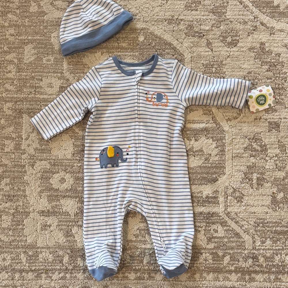 Little Me Blue Striped Elephant Footie and Hat